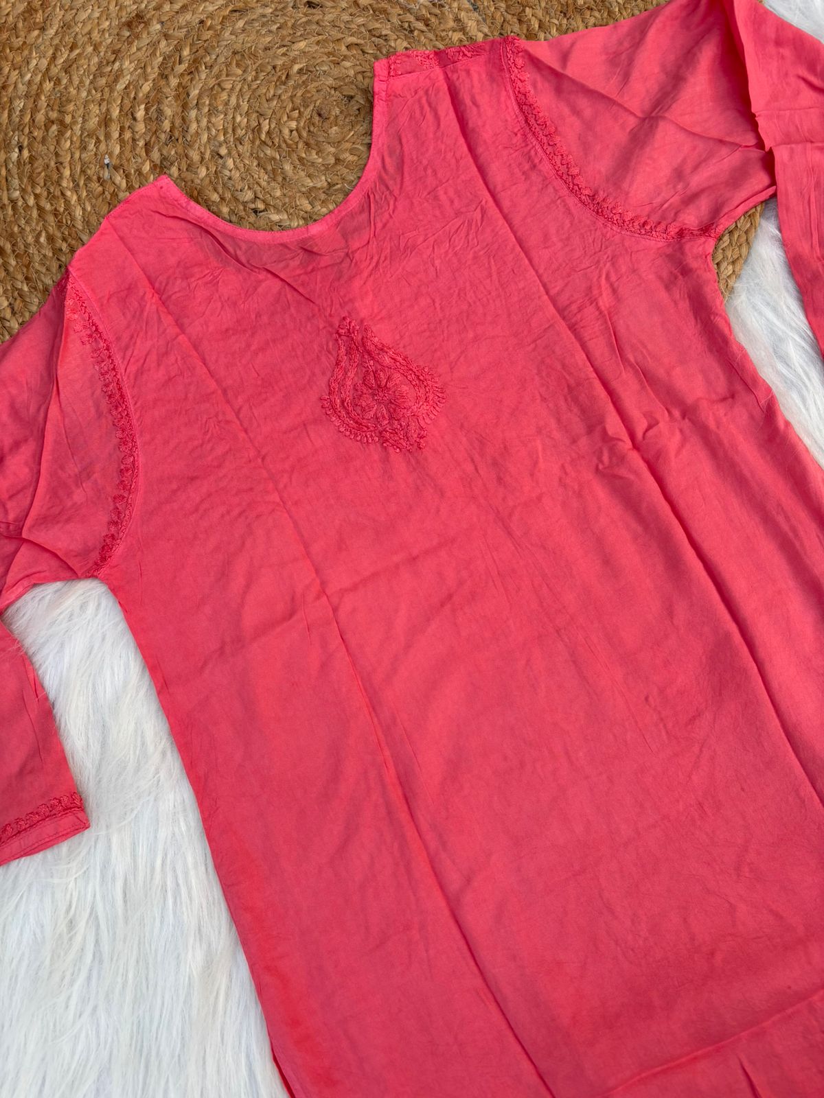 Zimal Dyeable Soft Rayon Chikankari Short Kurti - Dark Pink Colour