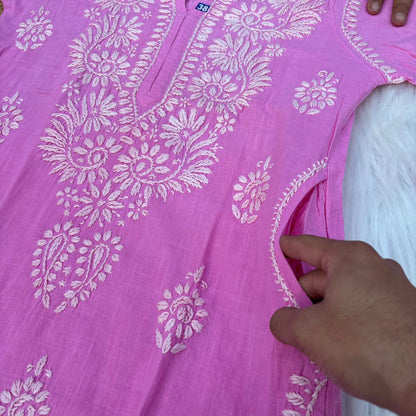 Isha Slub Cotton Chikankari Kurti -Baby Pink colour