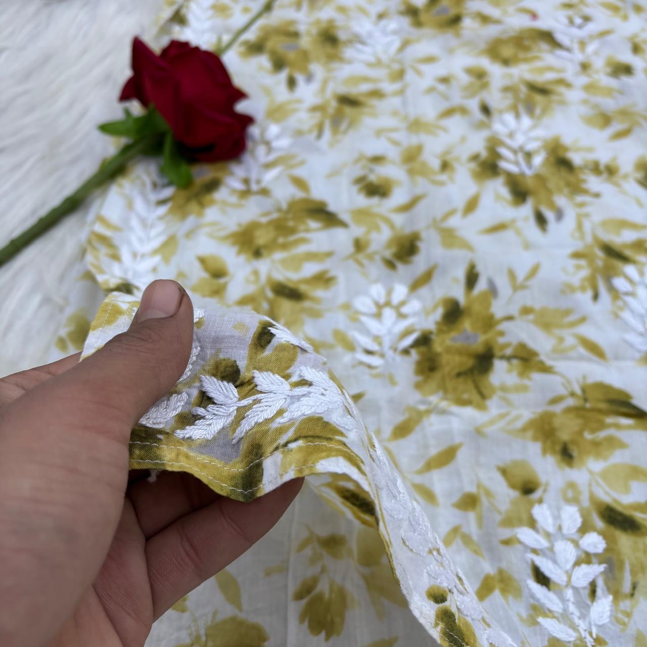 Aaliyah Mulmul Cotton Chikankari Kurti Set -Green Colour