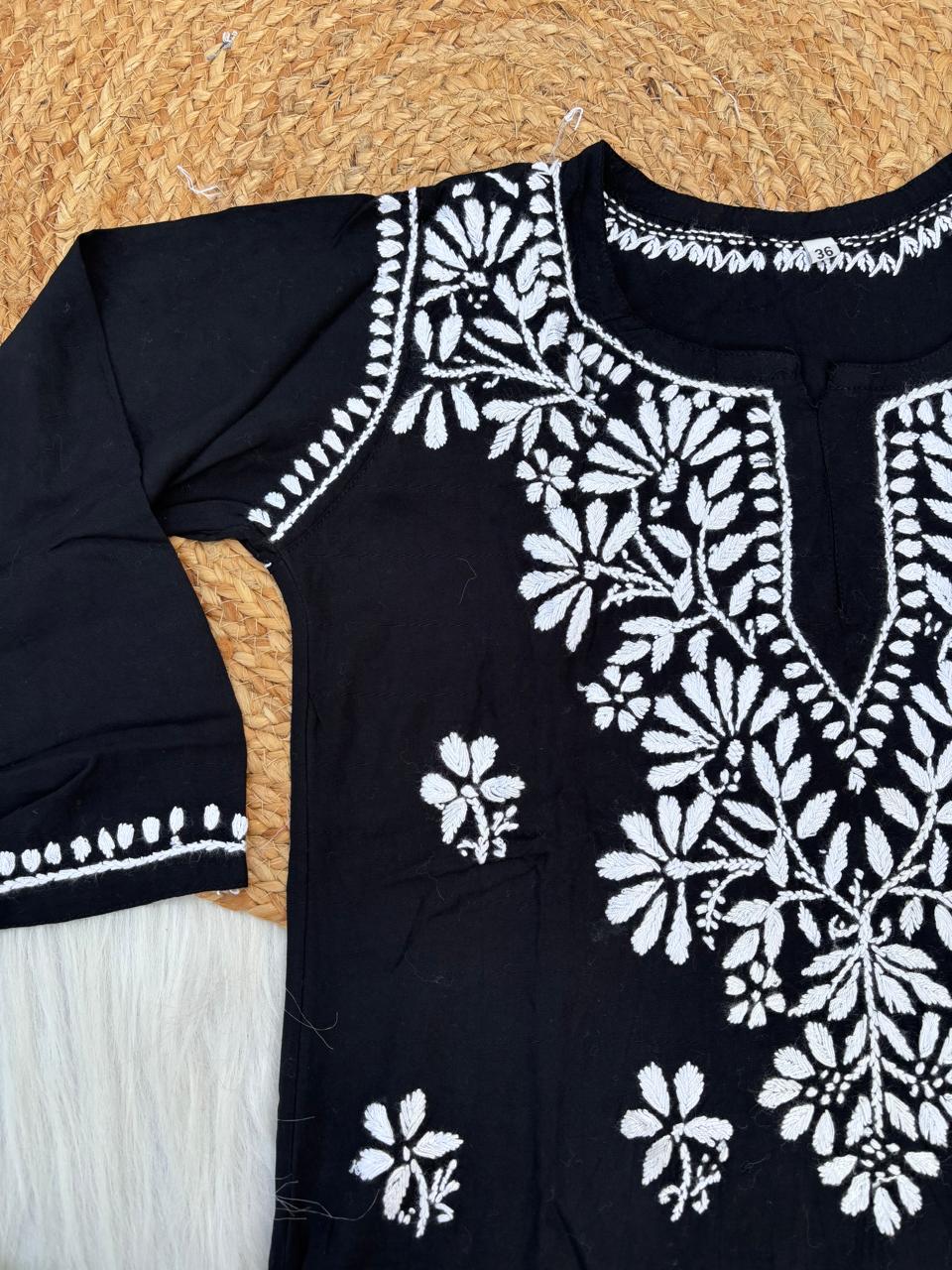 Ina Soft Rayon Handwork Chikankari Short Kurti - Black Colour