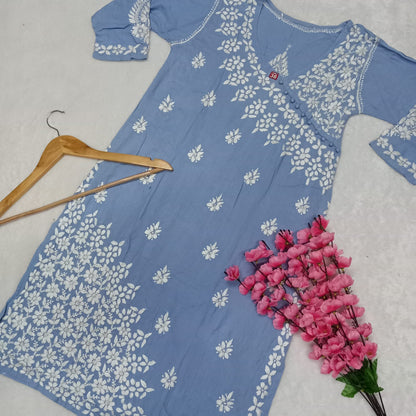 Zeenat Rayon Side Button Chikankari Kurti - Ocean Blue Colour