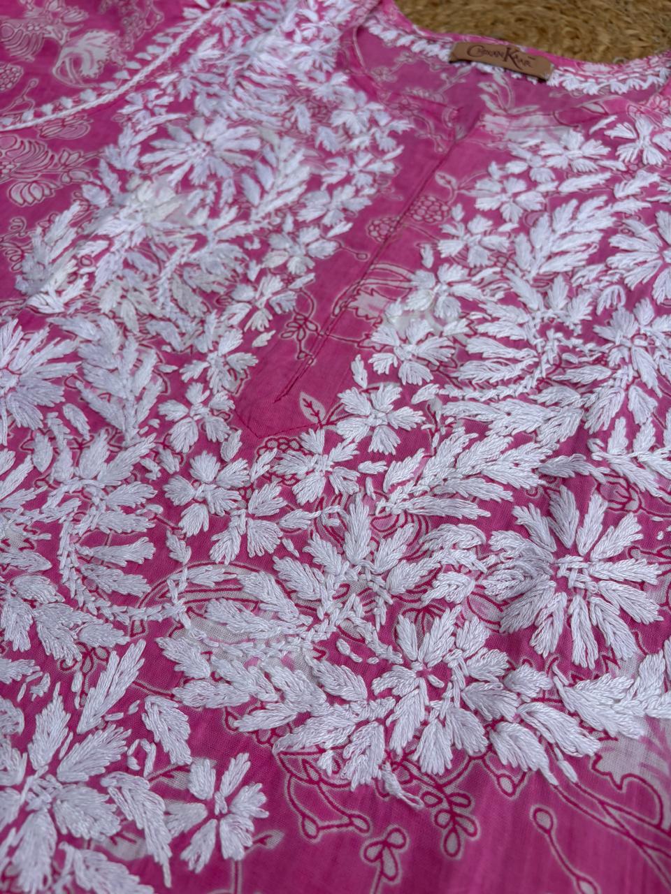 Sameera Pure Mulmul Chikankari Handwork Kurti - Pink Colour