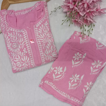 PURE RAYON KURTI PLAZO CHIKANKARI HANDWORK SET - PINK COLOUR