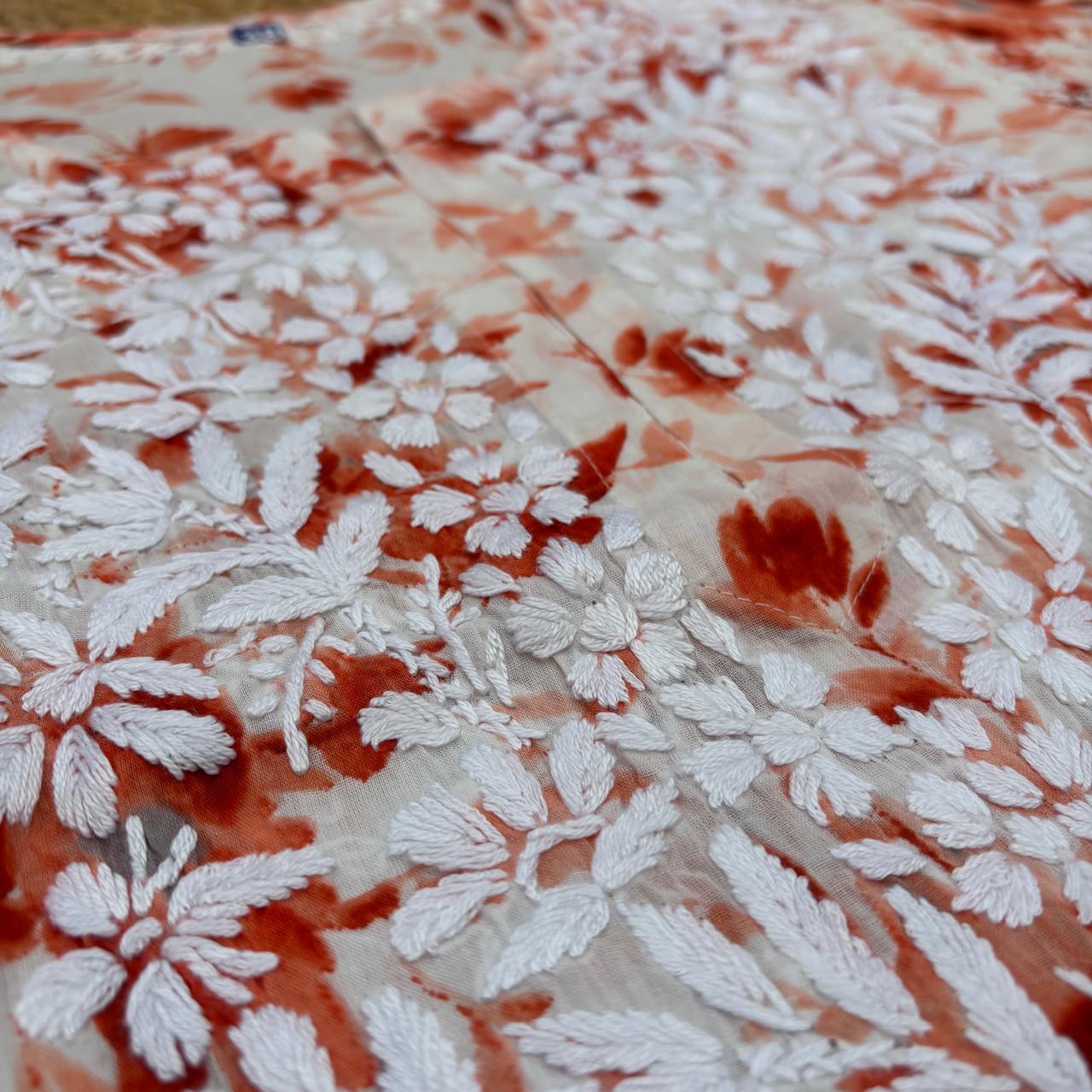 Amara Pure Mulmul Chikankari  Handwork Kurti -Orange Colour