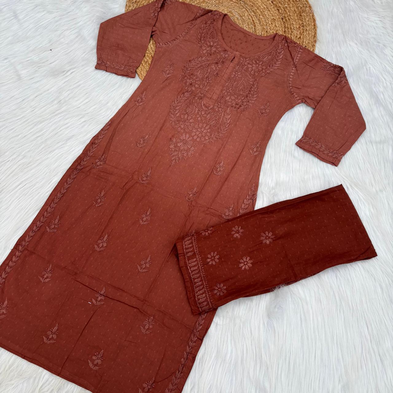 Nuha Dobby cotton Ombre shaded Lucknowi Chikankari Kurti Plazo Set - Brown Colour