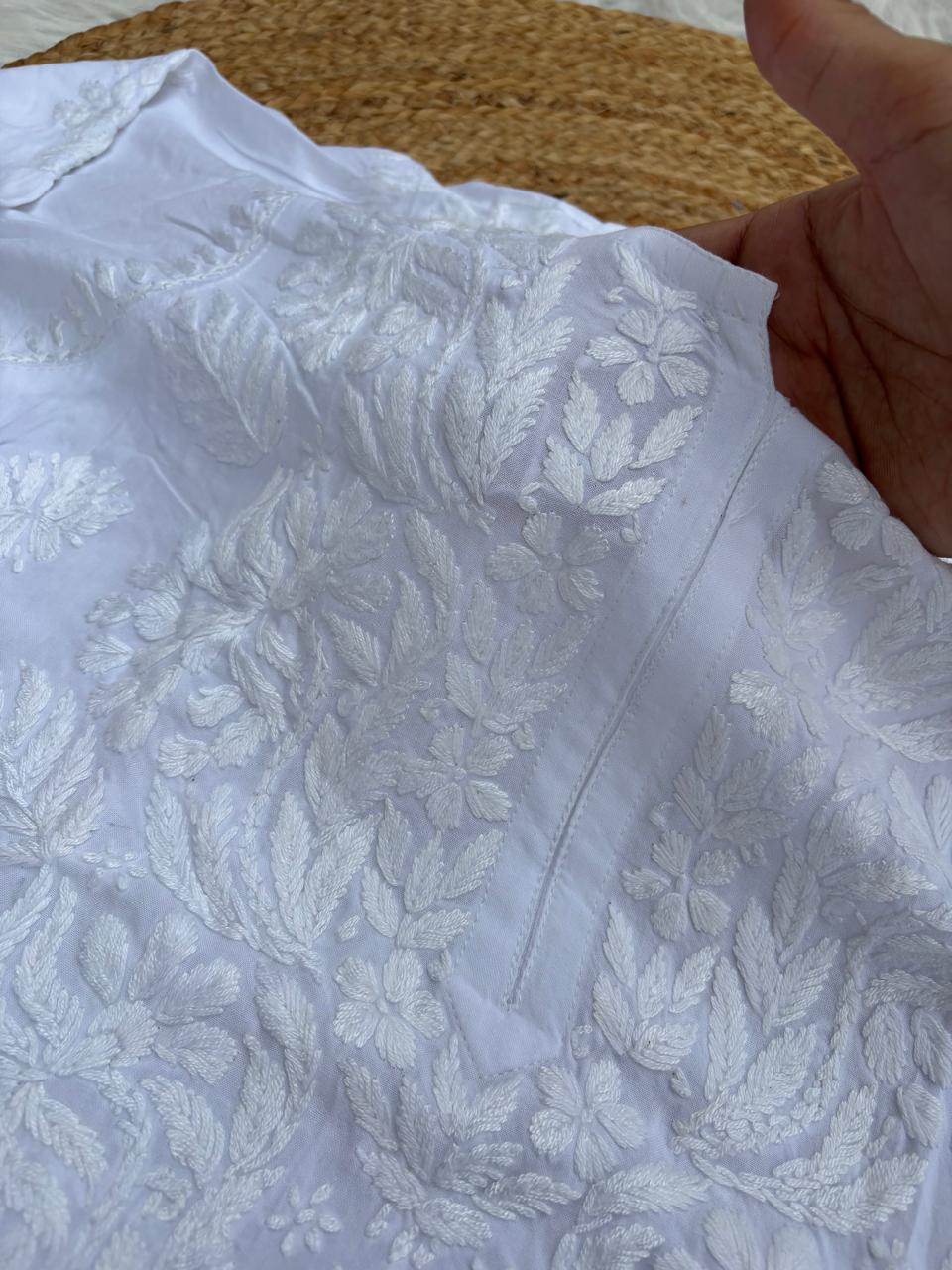 Simar Soft Rayon Handwork Chikankari Kurti- White Colour