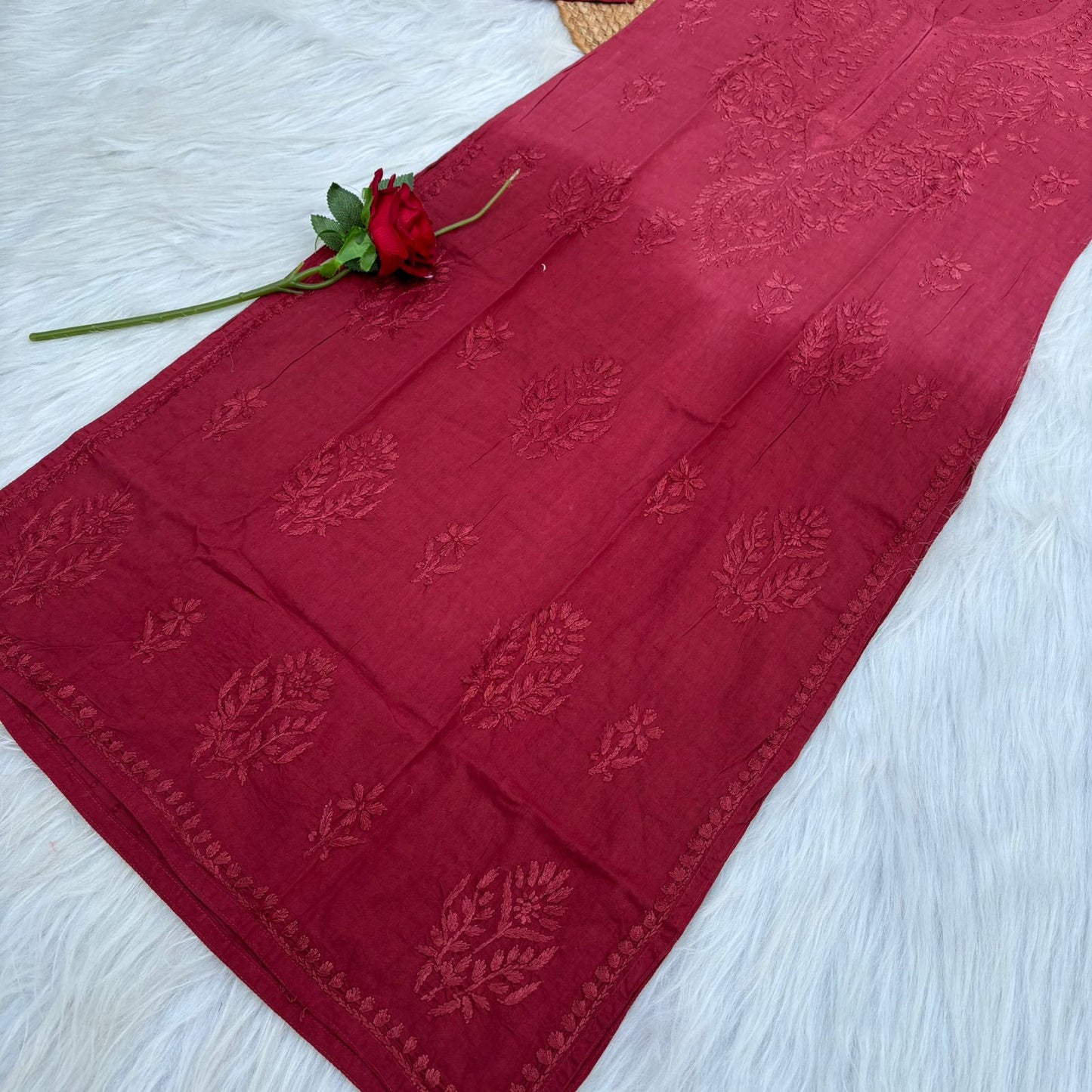 Tuba Ombre Shaded Dobby Cotton Chikankari Kurti - Brick Red Colour