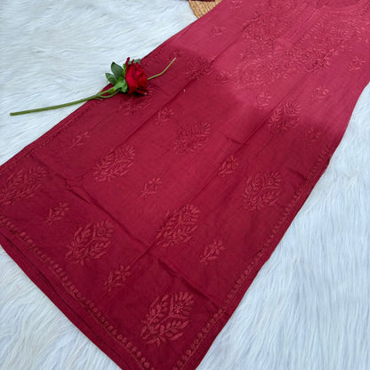 Tuba Ombre Shaded Dobby Cotton Chikankari Kurti - Brick Red Colour