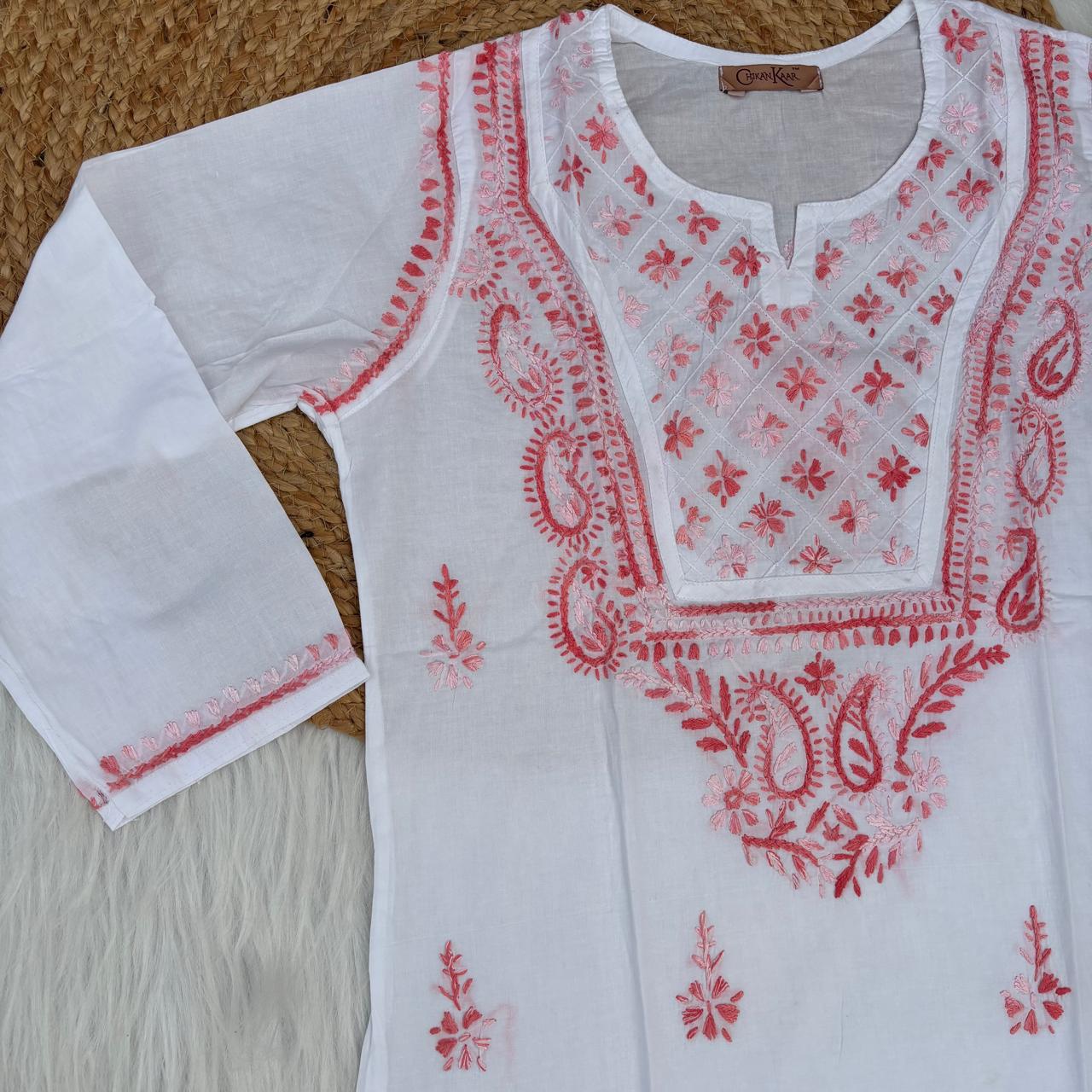 Zoya Cotton Lucknowi Chikankari Kurti - White Gazri Color