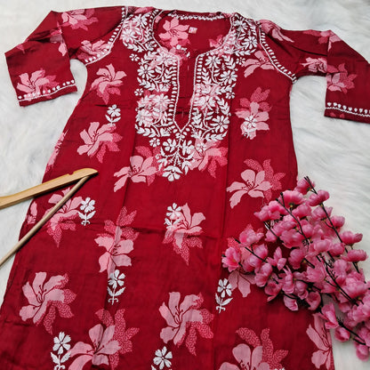 Suhana Khan Inspired Pure Mulmul Chikankari Kurti- Dark Red Colour