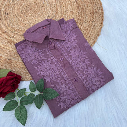Sadia Dobby Cotton Ombre Shaded Chikankari Kurti with Collar - Wine Colour