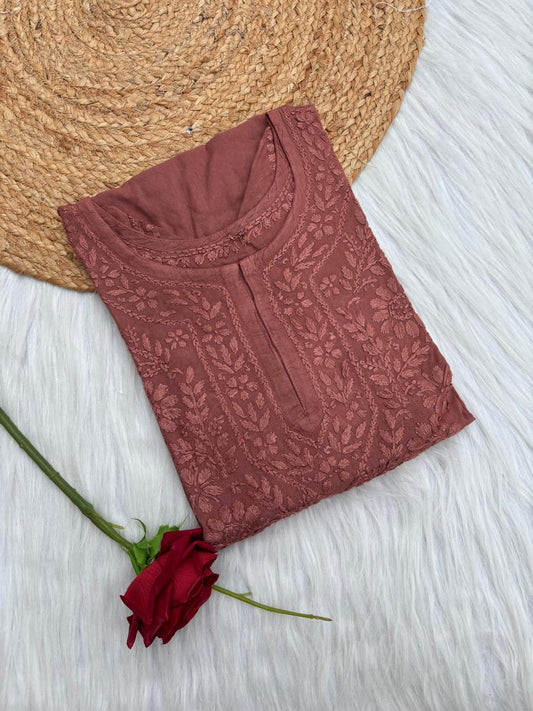 Kiara Dyeable Soft Rayon Handwork Chikankari Kurti - Brown Colour