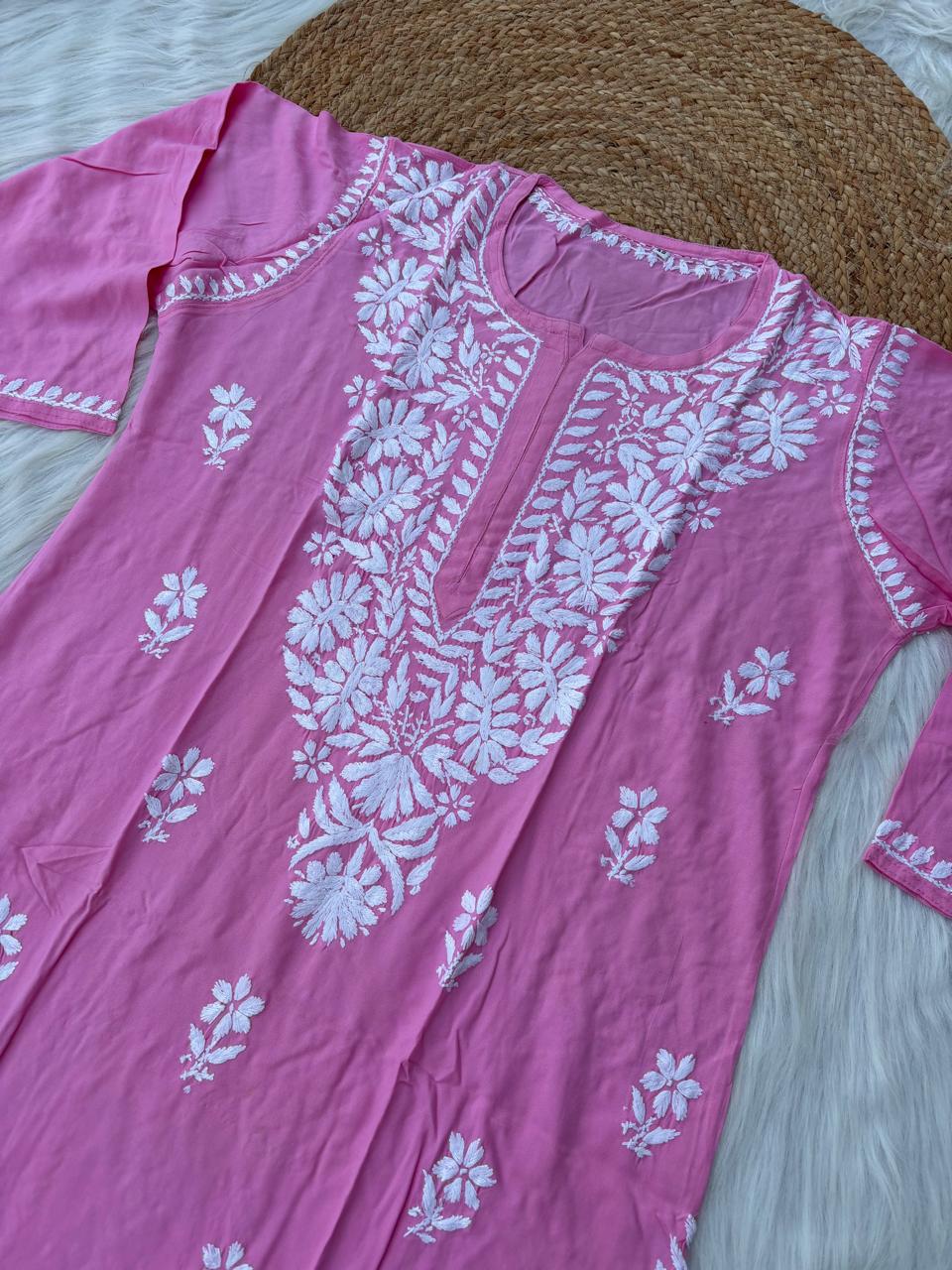 Hiba Soft Rayon Handwork Chikankari Kurti - Pink Colour
