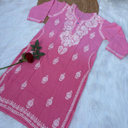 Isha Slub Cotton Chikankari Kurti - Peach color