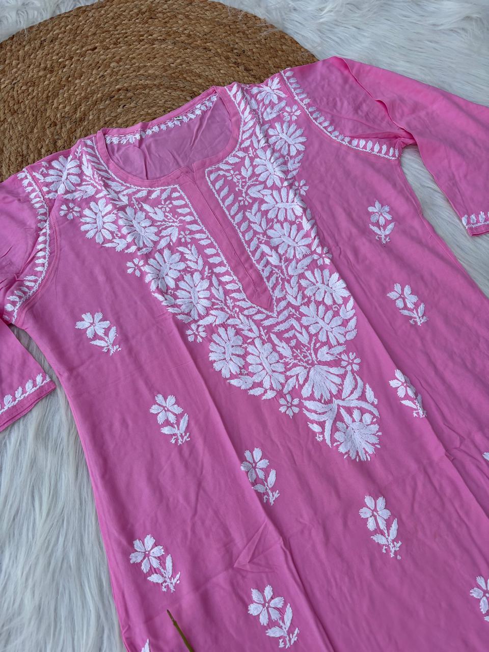 Hiba Soft Rayon Handwork Chikankari Kurti - Pink Colour