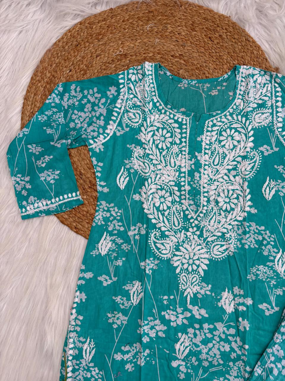Jiya Mulmul Cotton Handwork Chikankari Kurti Set - Sea Green Colour