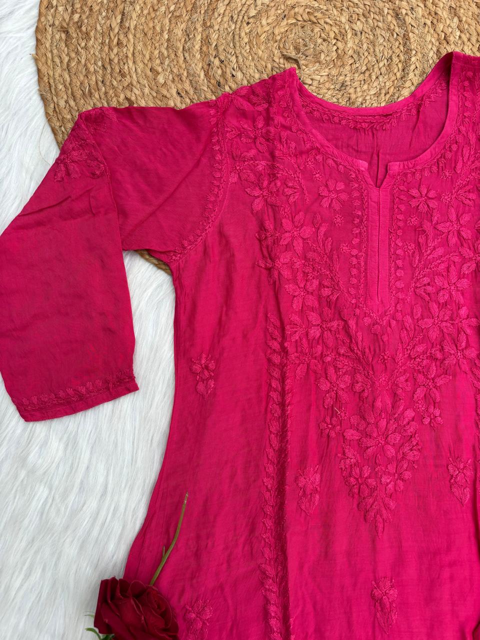 Nadia Muslin Lucknowi Chikankari Kurti Pant Set - Rani Color