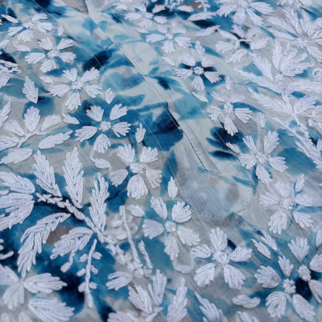 Amara Pure Mulmul Chikankari  Handwork Kurti -Blue Colour