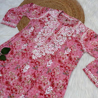 Rania Pure Mulmul Chikankari Handwork Kurti - Pink Colour