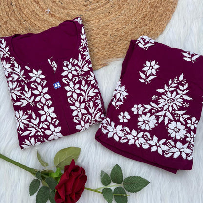 Maya Rayon Chikankari Kurti Plazo Set - Wine Colour