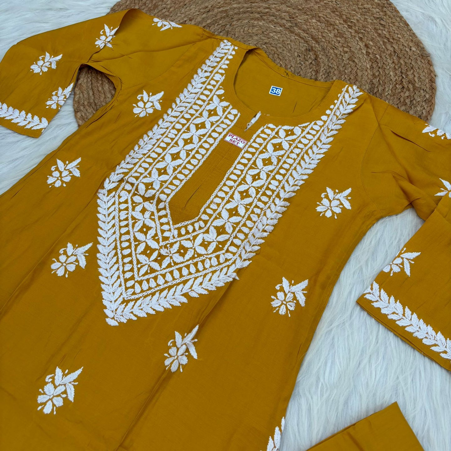 Afana Silk Chikankari Kurti Plazo set Yellow Colour