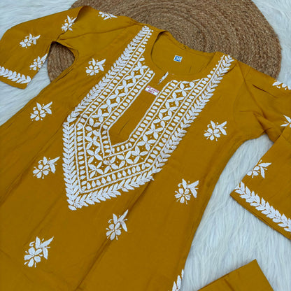 Afana Silk Chikankari Kurti Plazo set Yellow Colour