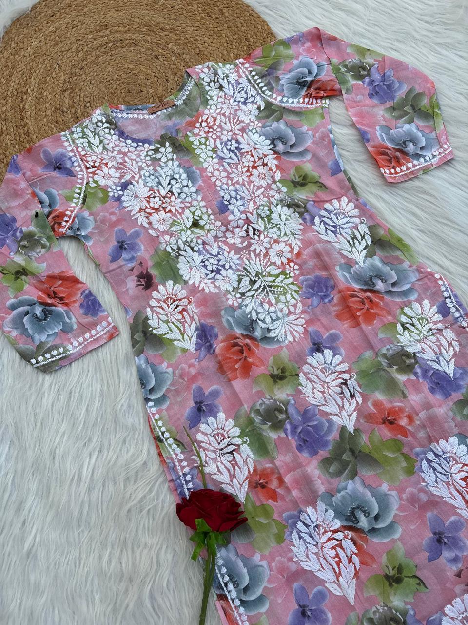 Najma Pure Mulmul Chikankari Handwork Kurti - Peach Colour
