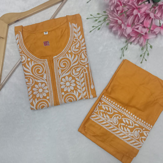 RAYON CHIKANKARI MACHINE WORK  KURTI PLAZO SET-  MUSTARD COLOUR