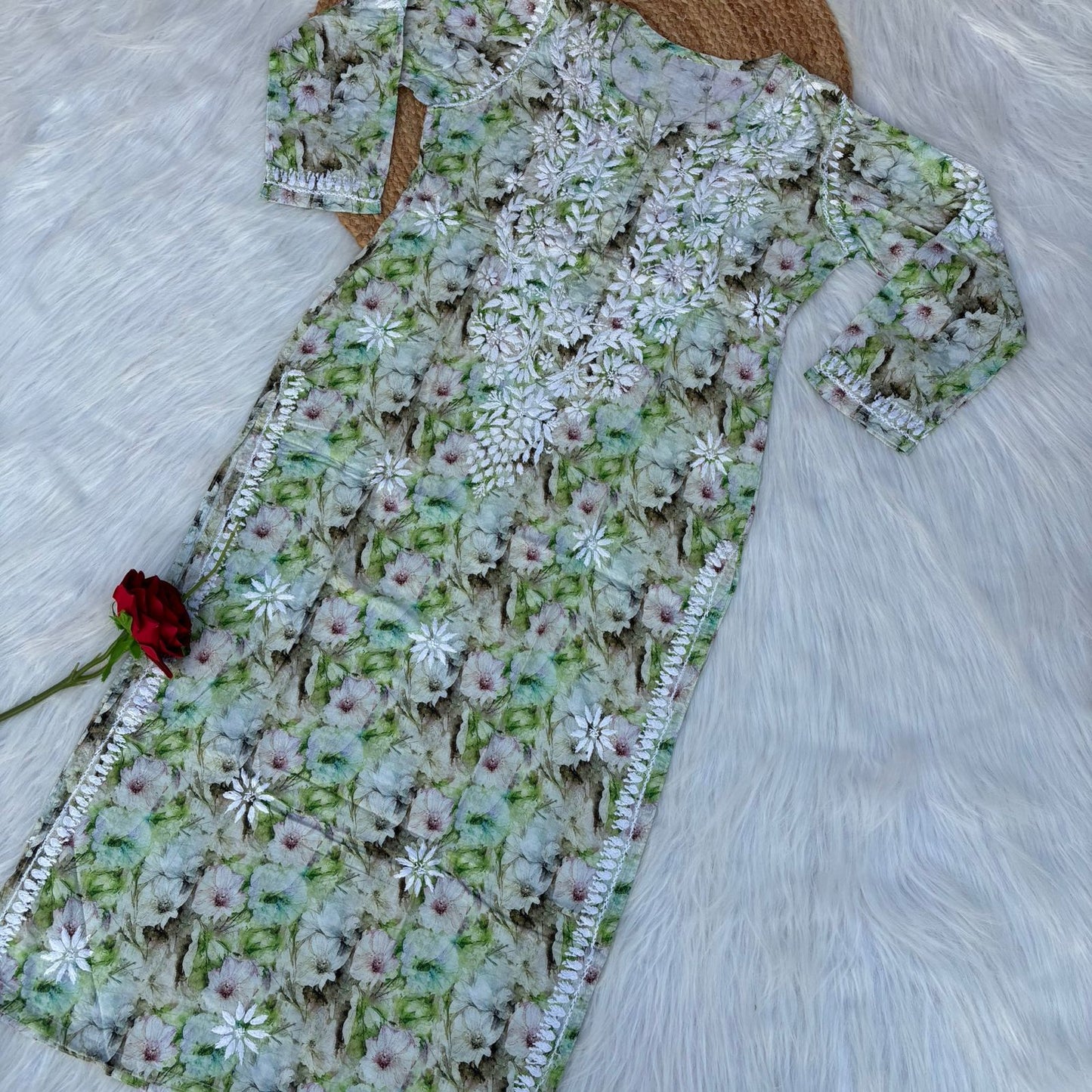 Fiza Pure Cotton Floral Lucknowi Chikankari Kurti - Green Colour