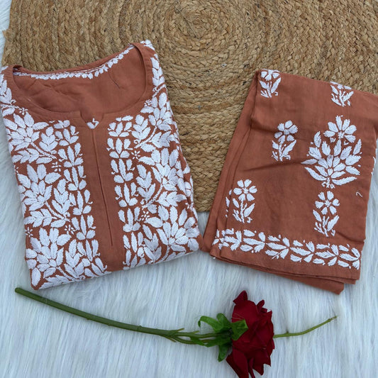 Samara Rayon Handwork Chikankari Kurti Plazo Set - Rush Orange Colour