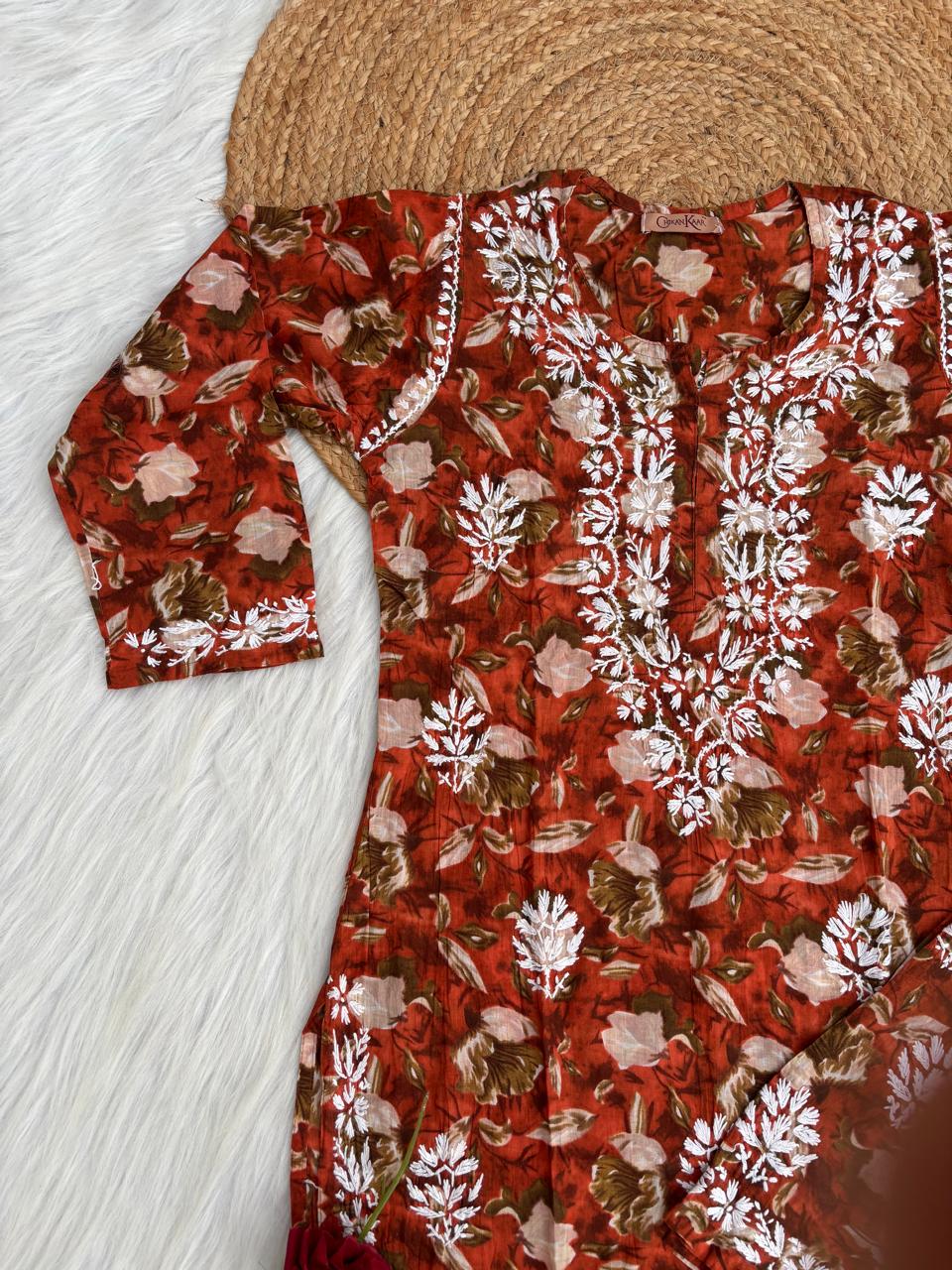 Elena Mulmul Cotton Handwork Chikankari Kurti Set - Terracotta Colour