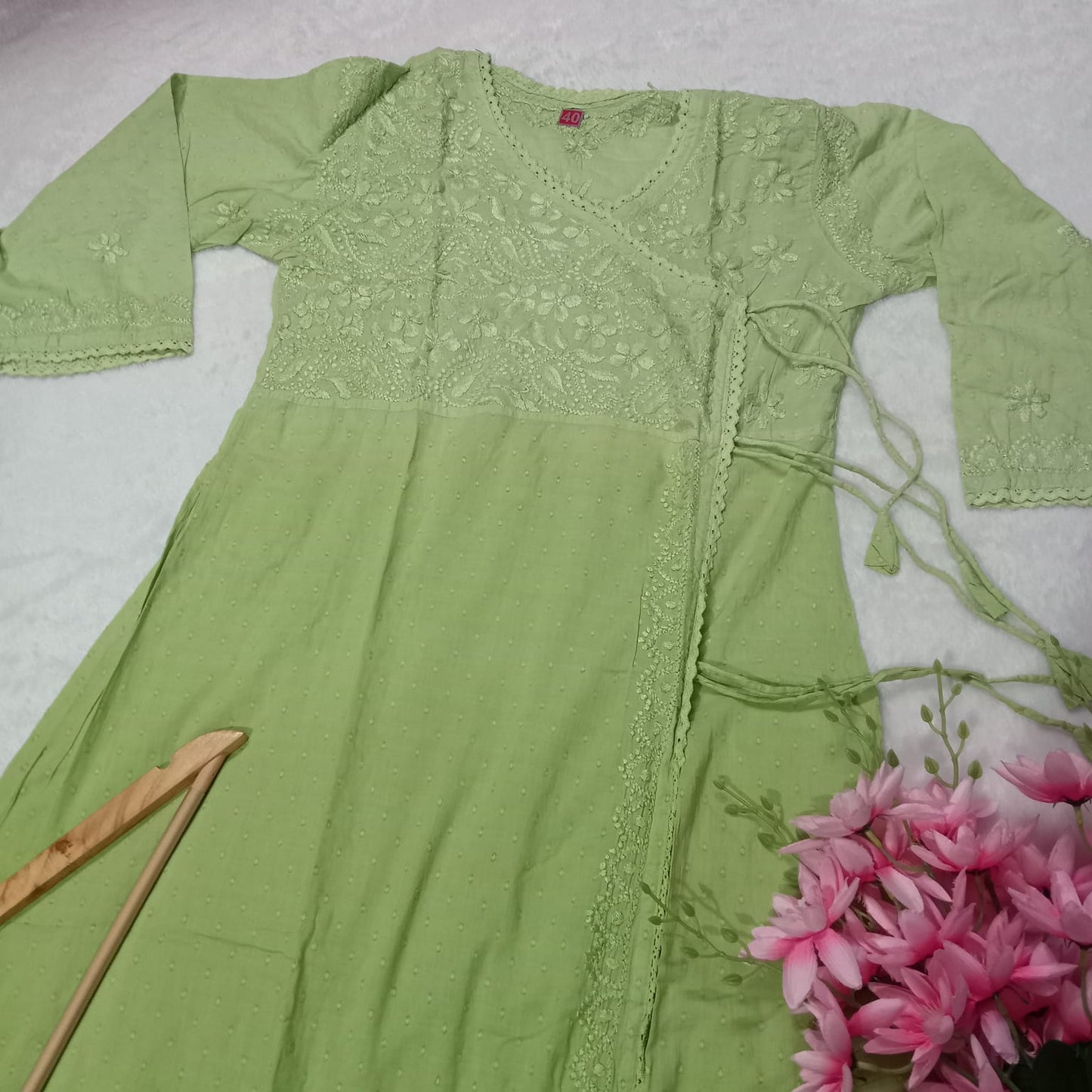 Ombre Shaded Dobby Cotton Chikankari Angarakha -Parrot Green Colour