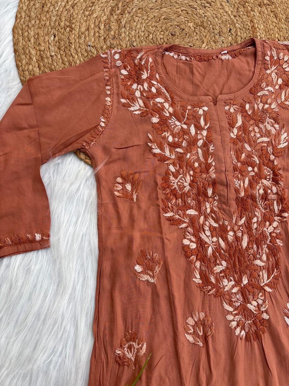 Roohi Rayon Tone To Tone Lucknowi Handwork Chikankari Kurti - Brown Color