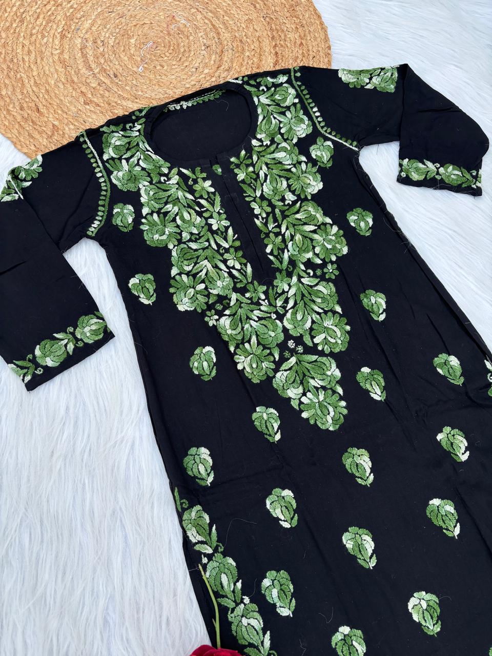 Rida Rayon Handwork Chikankari Kurti Set - Green Colour