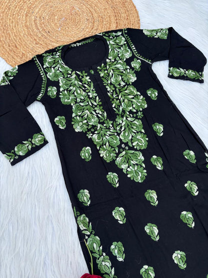 Rida Rayon Handwork Chikankari Kurti Set - Green Colour