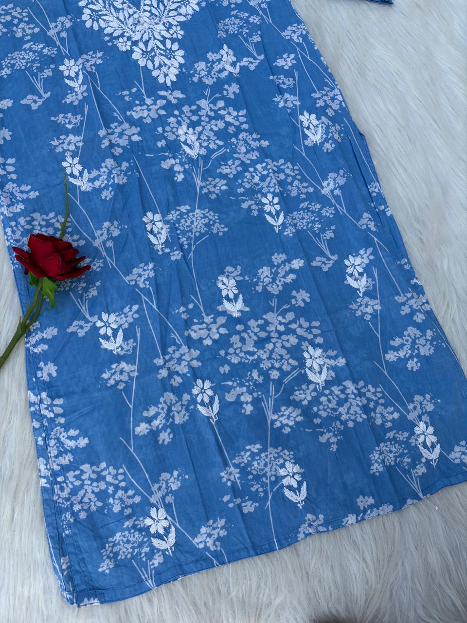 Sidra Pure Mulmul Chikankari Handwork Kurti - Blue Colour