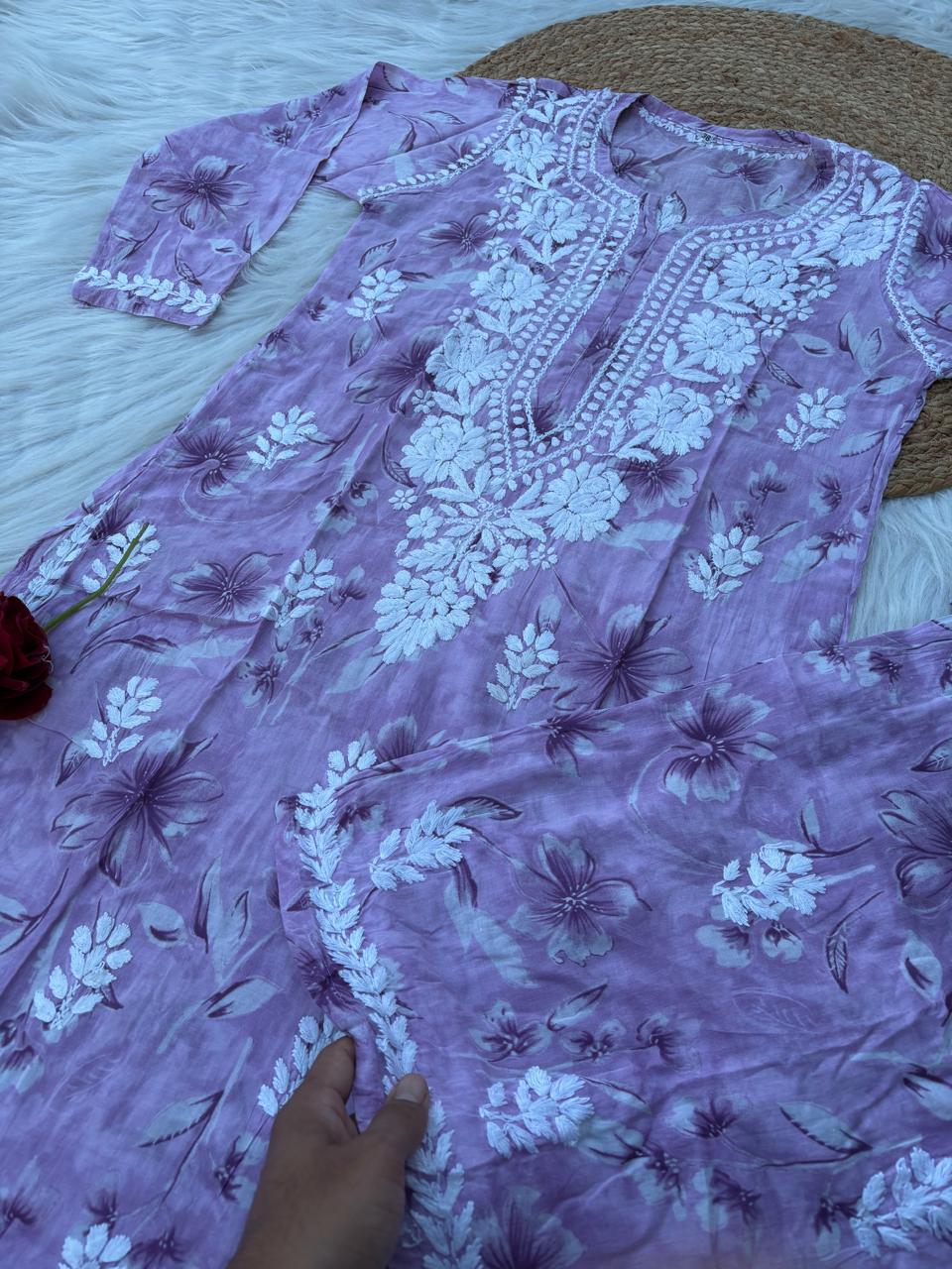 Shazia Mulmul Cotton Chikankari Kurti Set - Purple Colour