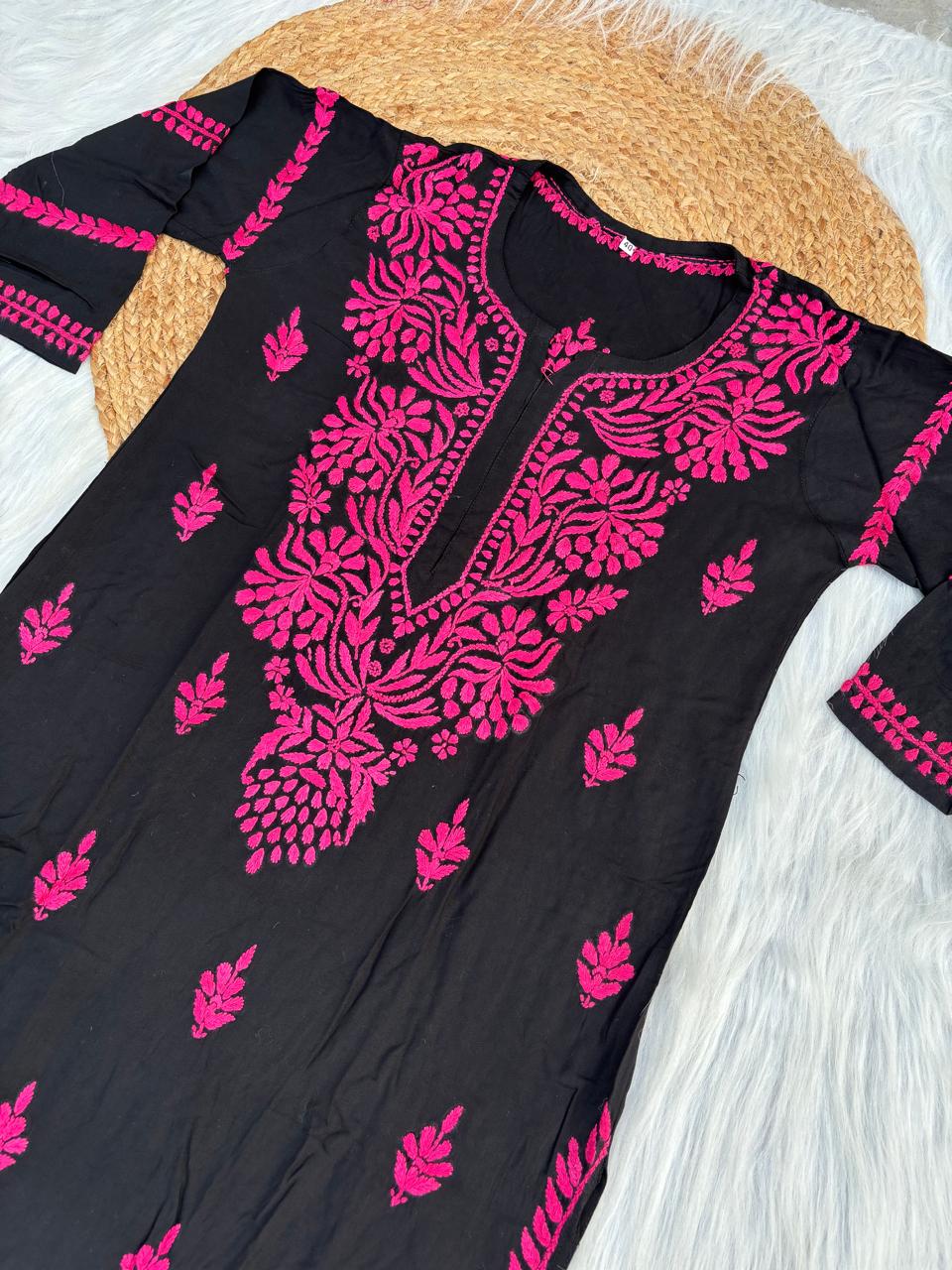 Shifa Soft Rayon Lucknowi Chikankari Kurti - Black Dark Pink Color