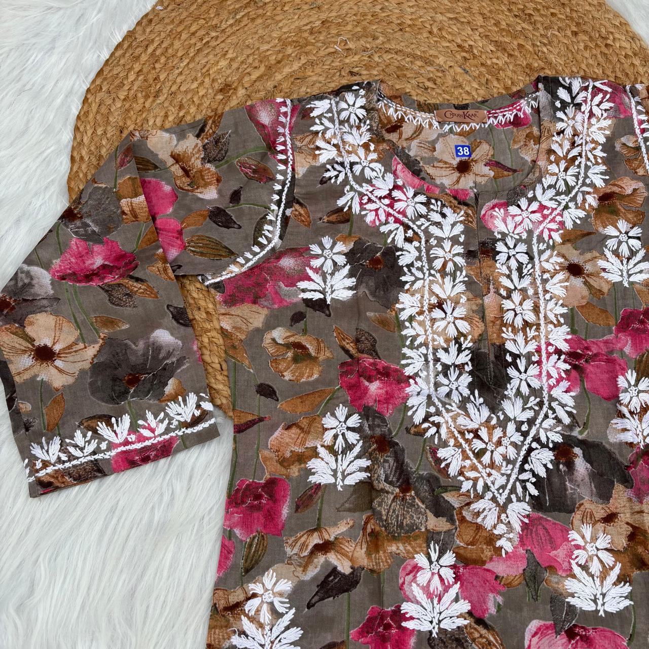 Jameela Mulmul Cotton Chikankari Kurti Set - Muted Brown Colour