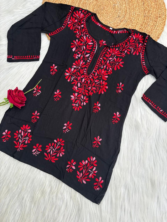 Mahek Soft Rayon Handwork Chikankari Short Kurti- Red Colour