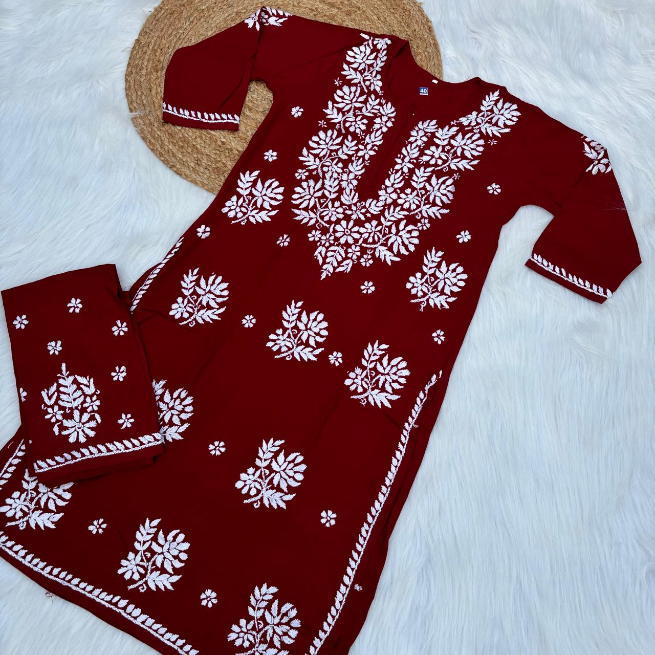 Jannat Soft Rayon Chikankari Kurti Plazo Set - Maroon colour