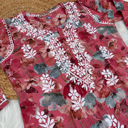 Jameela Mulmul Cotton Chikankari Kurti Set - Cherry Colour