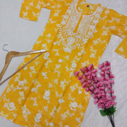 Mulmul Cotton Chikankari Machine Work Kurti - Yellow Colour