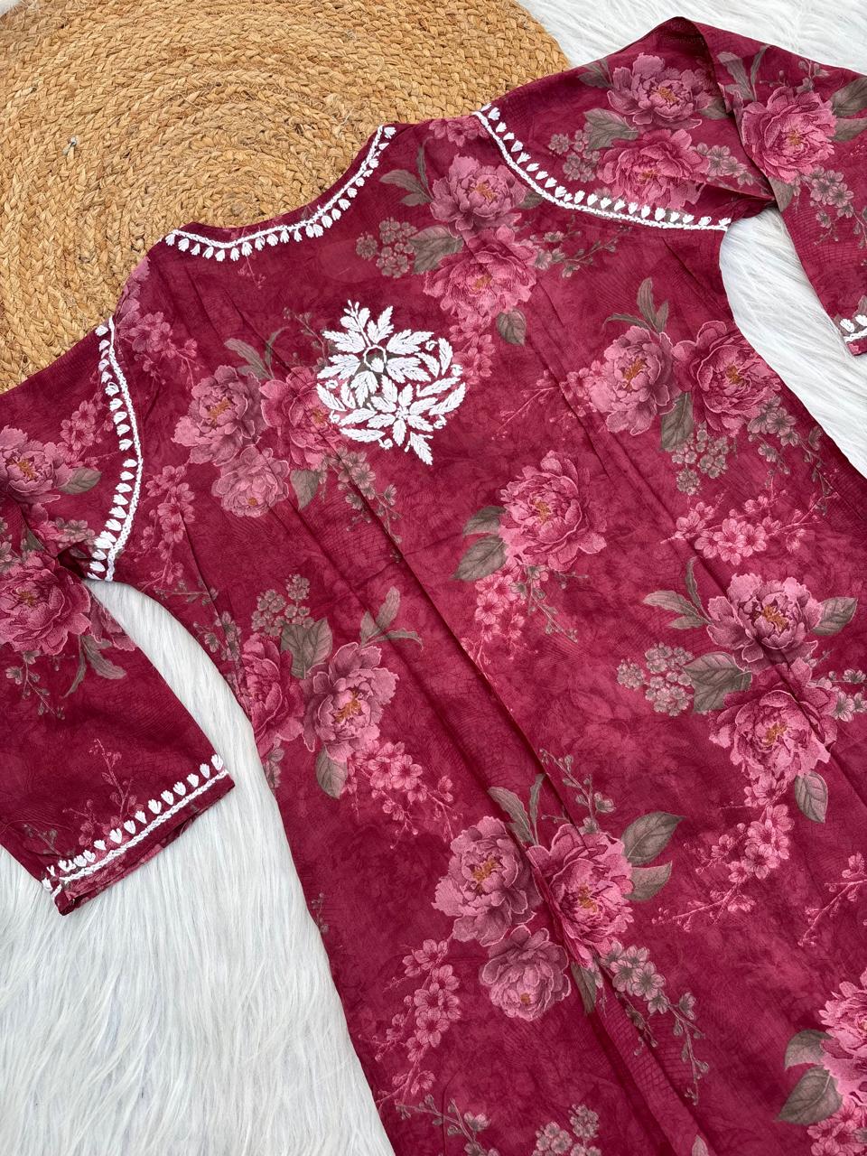 Zaina Pure Mulmul Chikankari Handwork Kurti - Red Colour