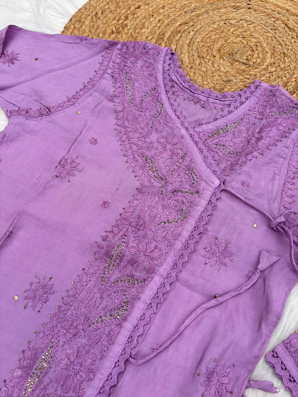 Naaz Chanderi Angrakha style Chikankari Kurti with Mukaish work - Purple Color