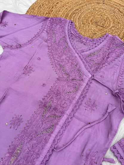 Naaz Chanderi Angrakha style Chikankari Kurti with Mukaish work - Purple Color