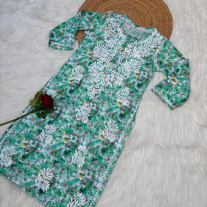 Yasmin Pure Mulmul Chikankari Handwork Kurti - Sea Green Colour