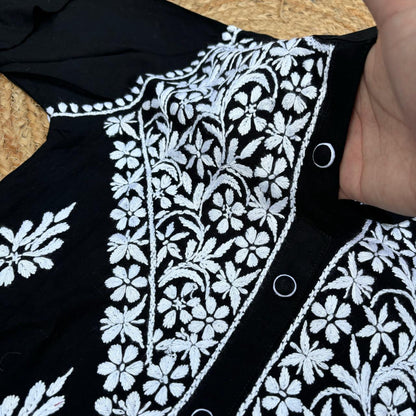 Rihana Rayon Chikankari Short Kurti Plazo Coord Set - Black colour - Chikankaar