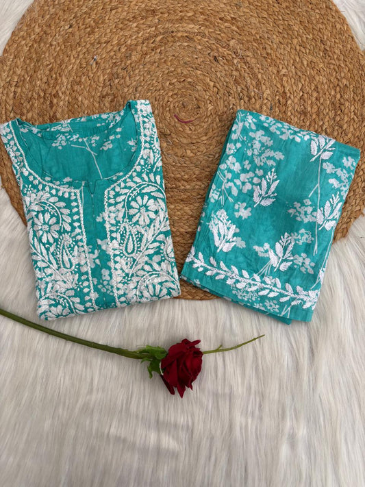 Jiya Mulmul Cotton Handwork Chikankari Kurti Set - Sea Green Colour