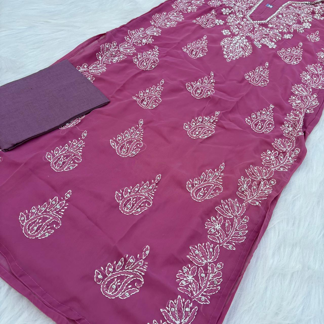 Stone Work Georgette Chikankari Kurti -Mauve Colour